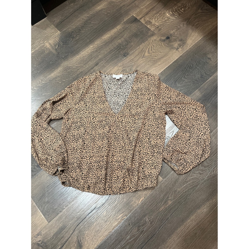 VIXBE Womens Leopard Print Surplice V-Neck‎ Blouse Tan Black Size M TB56842-13